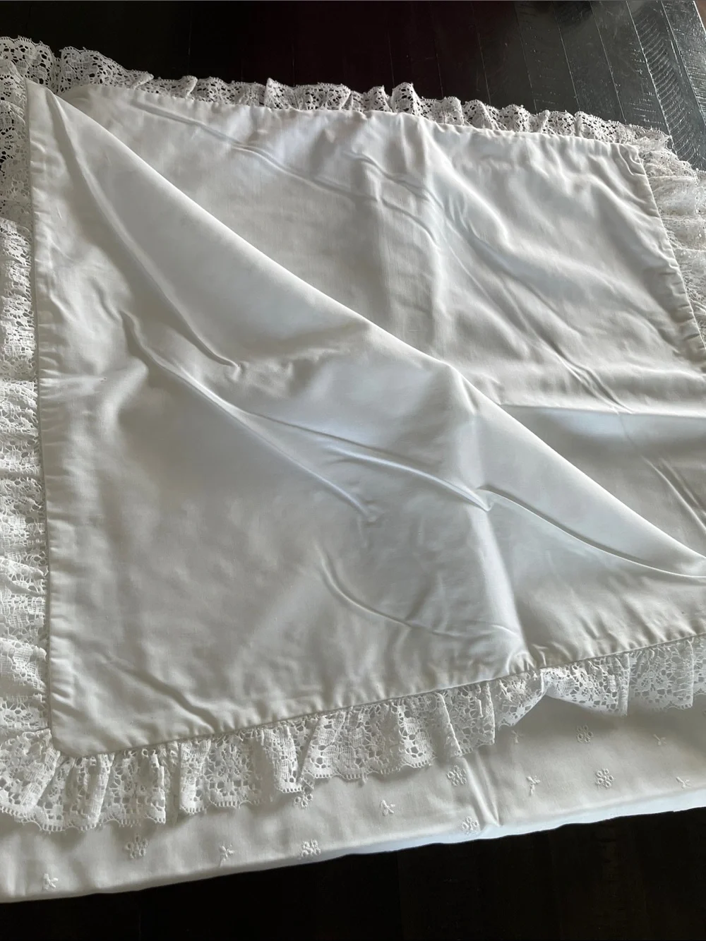 Vintage 1980 Handmade White Eyelet Baby Blanket with White Lace Trim